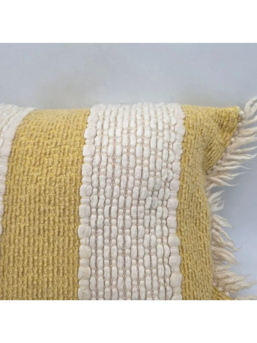 MCM 1960 Yellow & Cream Striped Woven Throw Pillow Fringe Accents 22